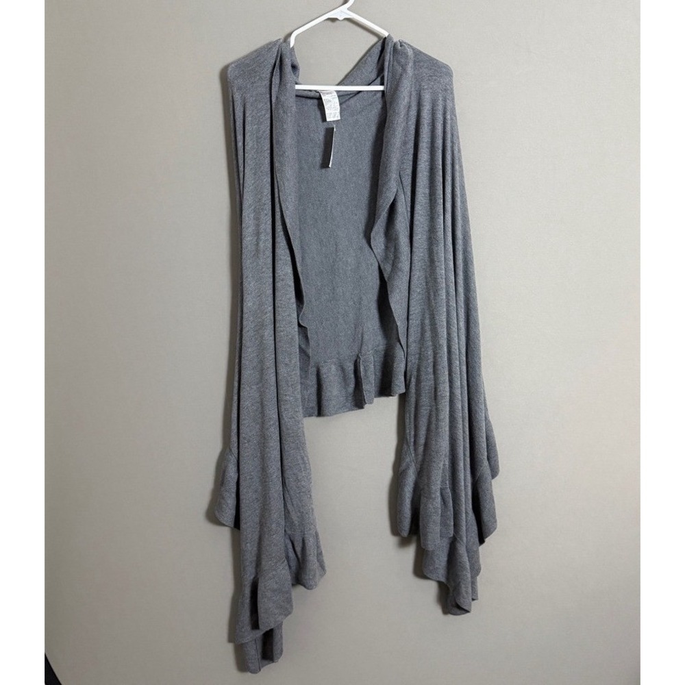 Chico's OS Lagenlook boho shabby Slate Gray Ruffle Wrap Cashmere‎ Shawl Cardigan